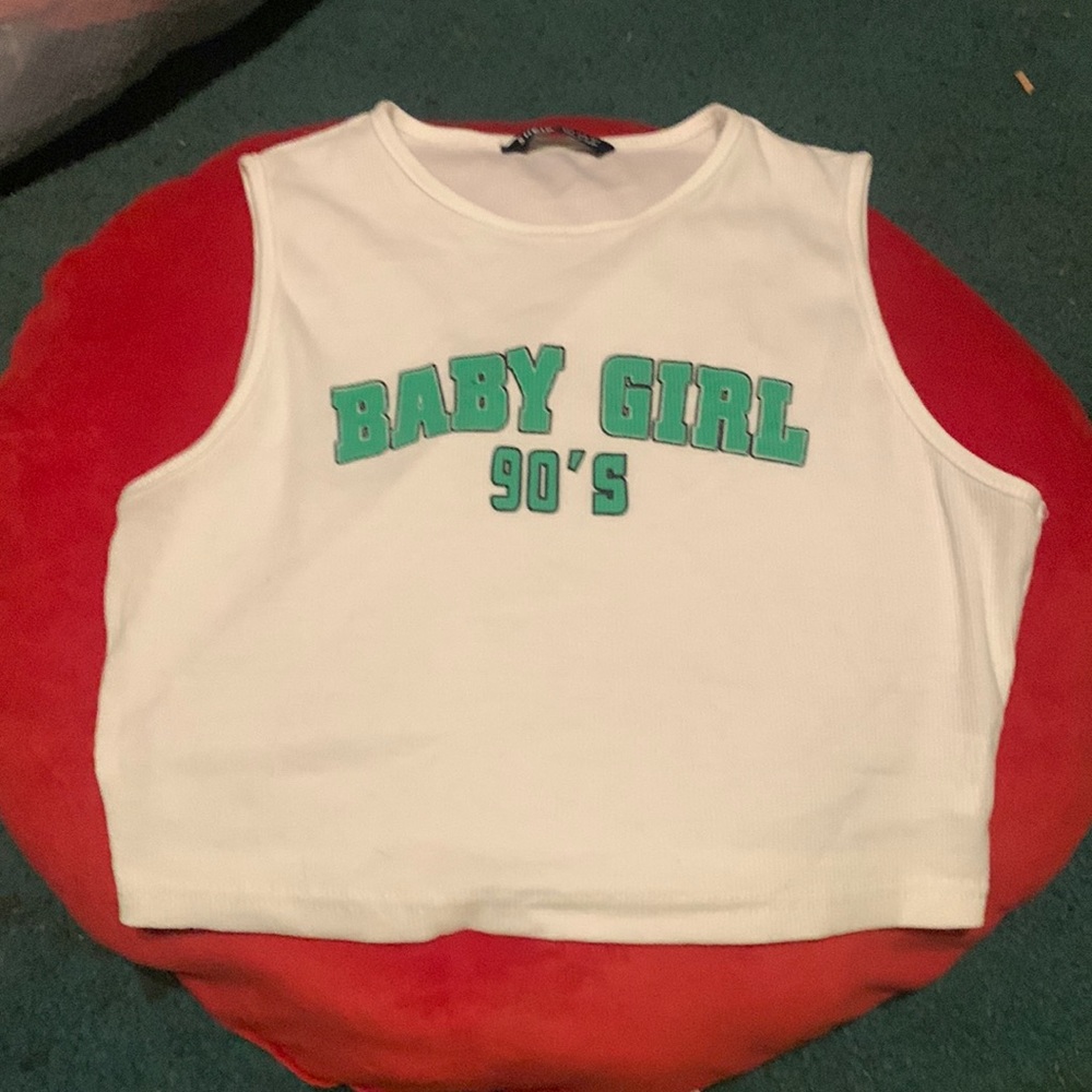 Shein- White tank crop top, Green Baby Girl 90’s Logo (Medium)
